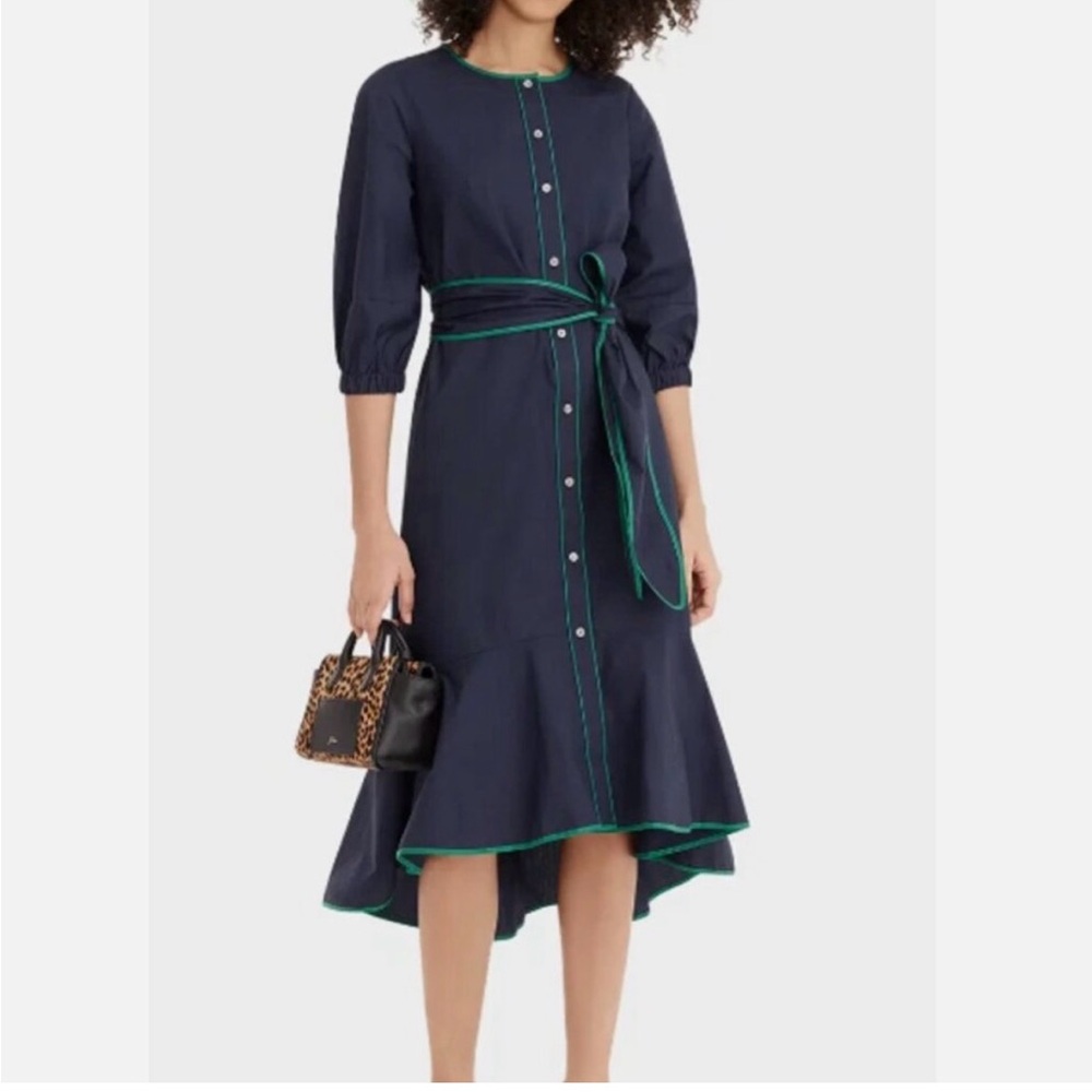 J. Crew Tipped Poplin Cotton High Low Ruffle Dress Small 4 NWT Navy